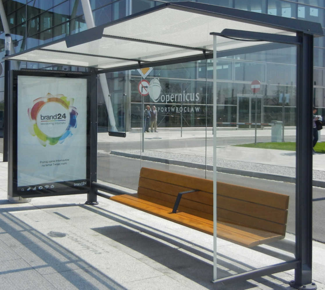 Parada de autobús con energía solar con caja de luz LED para publicidad, estación de autobuses con banco